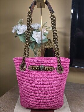 Kurt Geiger Hot Pink Brixton Raffia Chain-Handle Tote Shoulder Bag (Retail $285)
